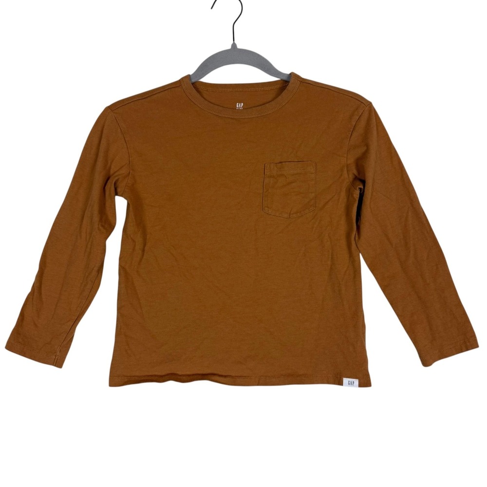 Gap Shirt Kids S 6-7 Brown Solid Long Sleeve Crewneck Pocket Tee Jersey Top